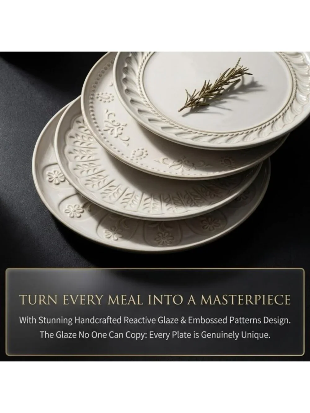 Set of 4 Large Embossed Ceramic Dinner Plates, 10.75 Inch, Dishwasher